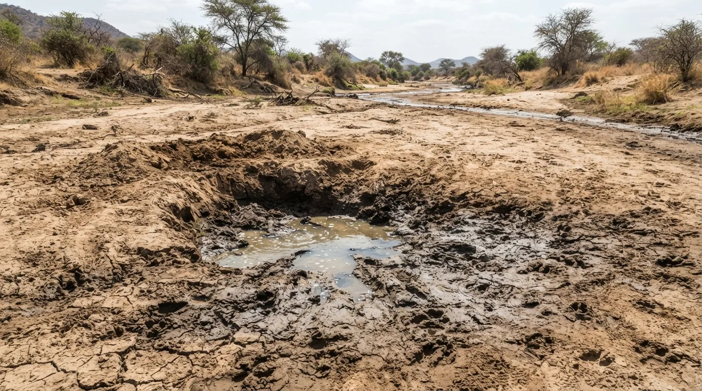 Un trou creusé à la main dans le lit sablonneux et sec d'une rivière, de l'eau trouble qui commence à s'y accumuler