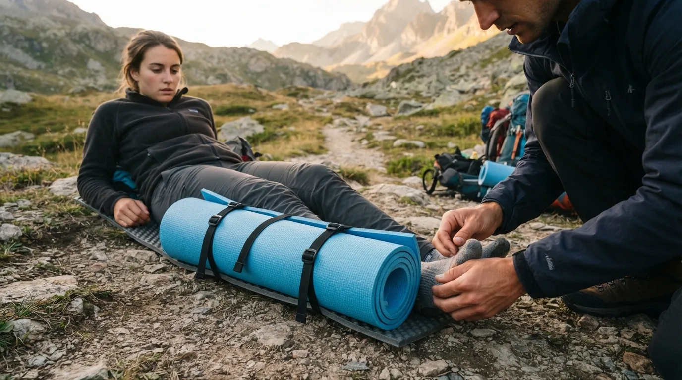 Jambe immobilisée avec un matelas mousse roulé et des sangles de sac à dos