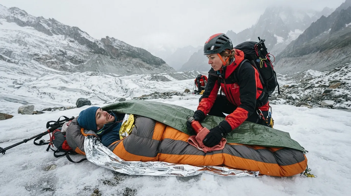 Personne emballée en couches successives dans une couverture de survie, un sac de couchage et une bâche, tête couverte