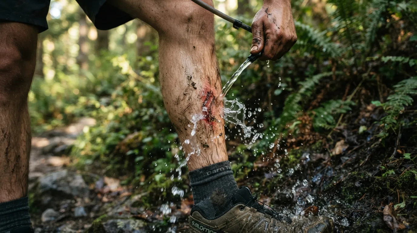 Jet d'eau d'une poche à eau pressée nettoyant une plaie du mollet