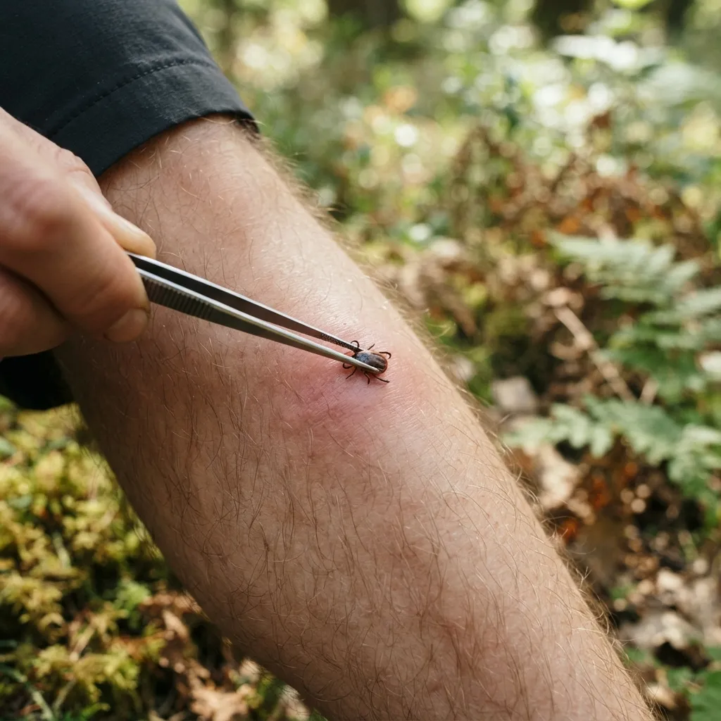 Tique retirée droite avec une pince fine au ras de la peau d'un mollet