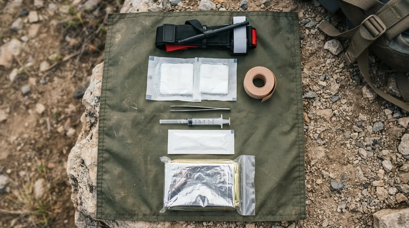 Contenu d'une trousse de secours légère étalé sur un tapis de sol : garrot, gaze, ruban, pince, seringue