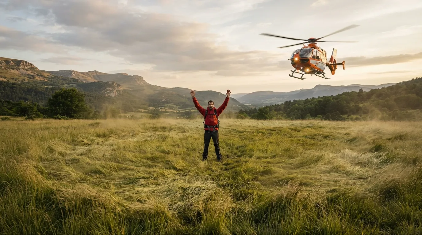 Une personne debout dans une clairière, les deux bras levés en Y, un hélicoptère de secours qui approche en arrière-plan