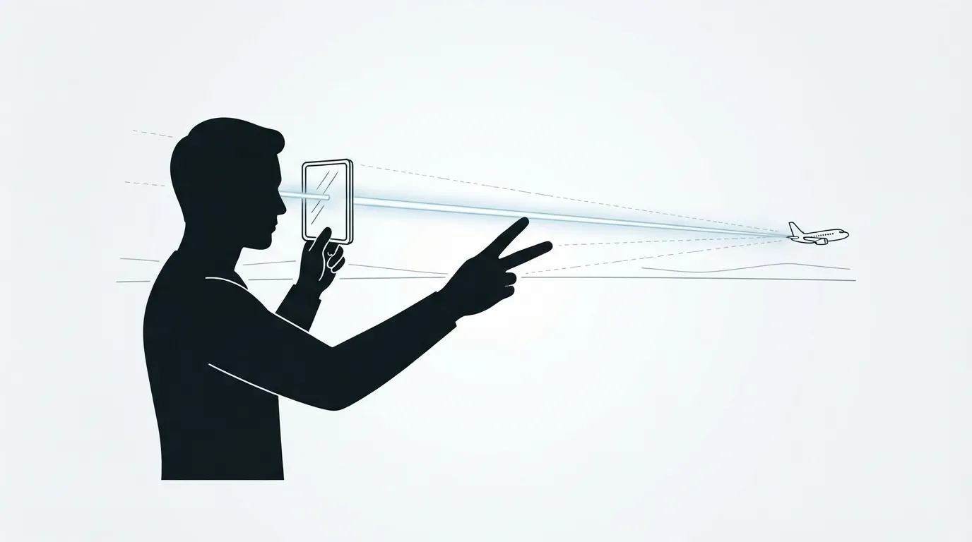 Schéma de la technique de visée d'un miroir de signalisation avec les doigts en V tendus vers une cible