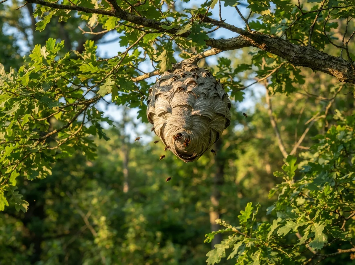 Un nid de frelon asiatique de grande taille suspendu haut dans un arbre, forme de ballon gris