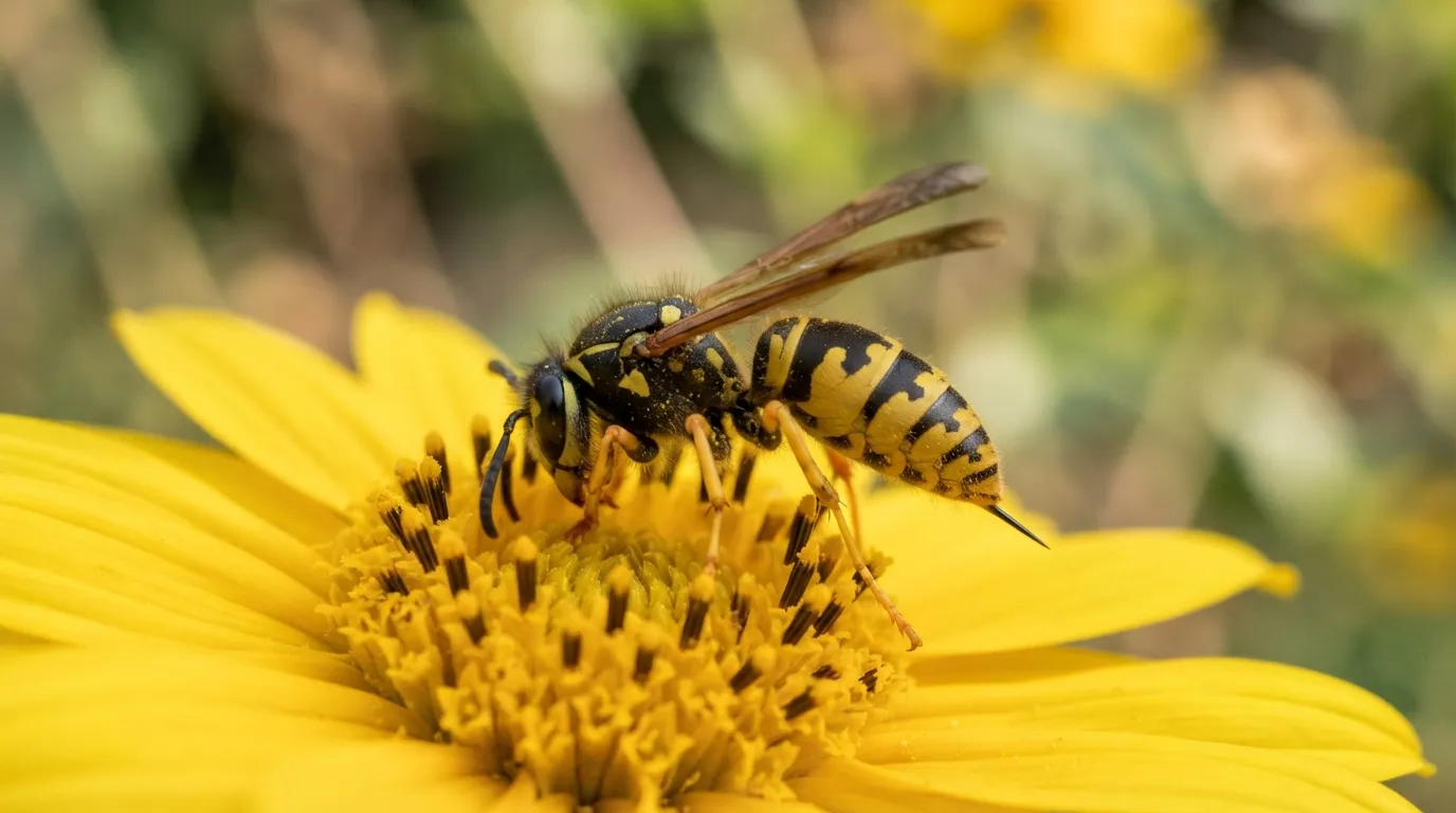 Une guêpe posée sur une fleur en gros plan, ailes déployées, dard visible à l'extrémité de l'abdomen