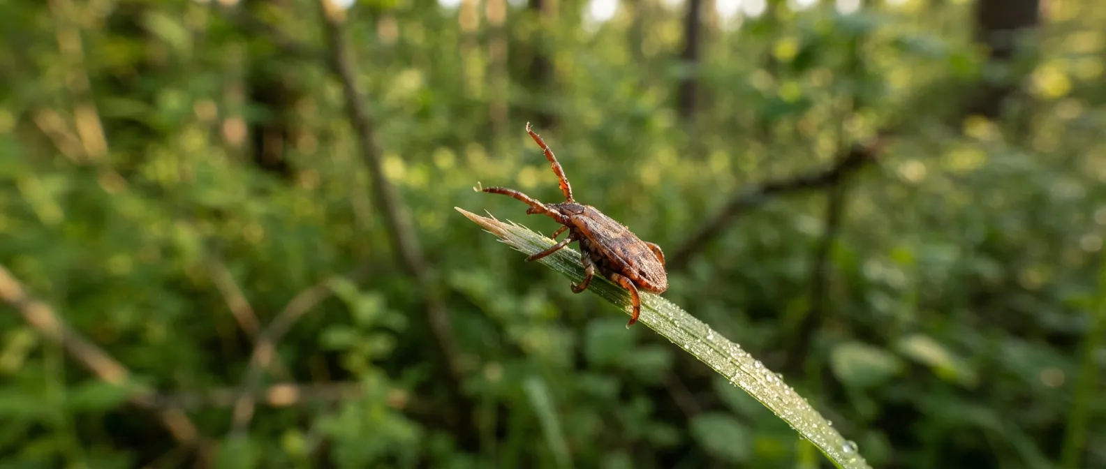 Une tique accrochée à une herbe haute en lisière de forêt, en gros plan, attendant le passage d'un hôte