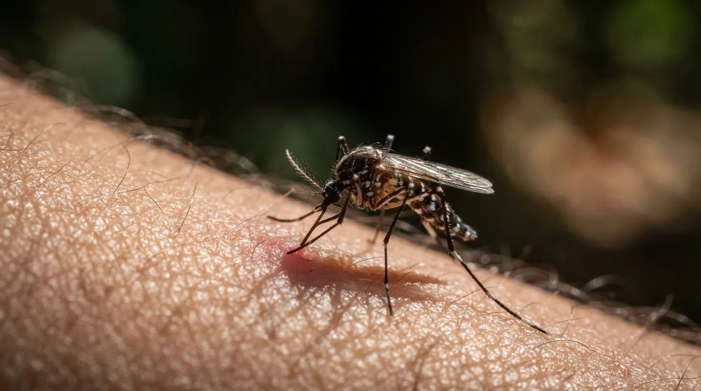 Un moustique posé sur une peau, trompe plantée, en pleine piqûre, gros plan macro