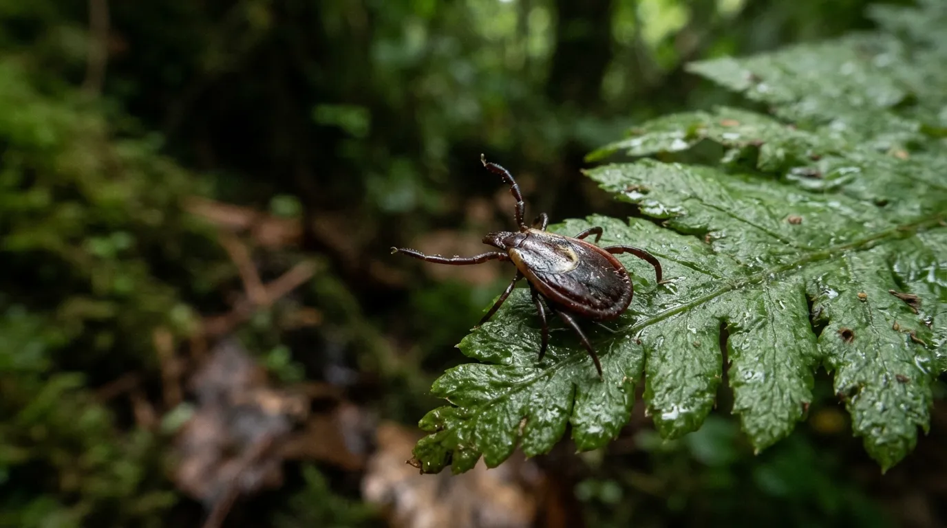 Une tique en position d'affût sur une feuille de fougère, pattes avant levées vers le passage potentiel d'un animal