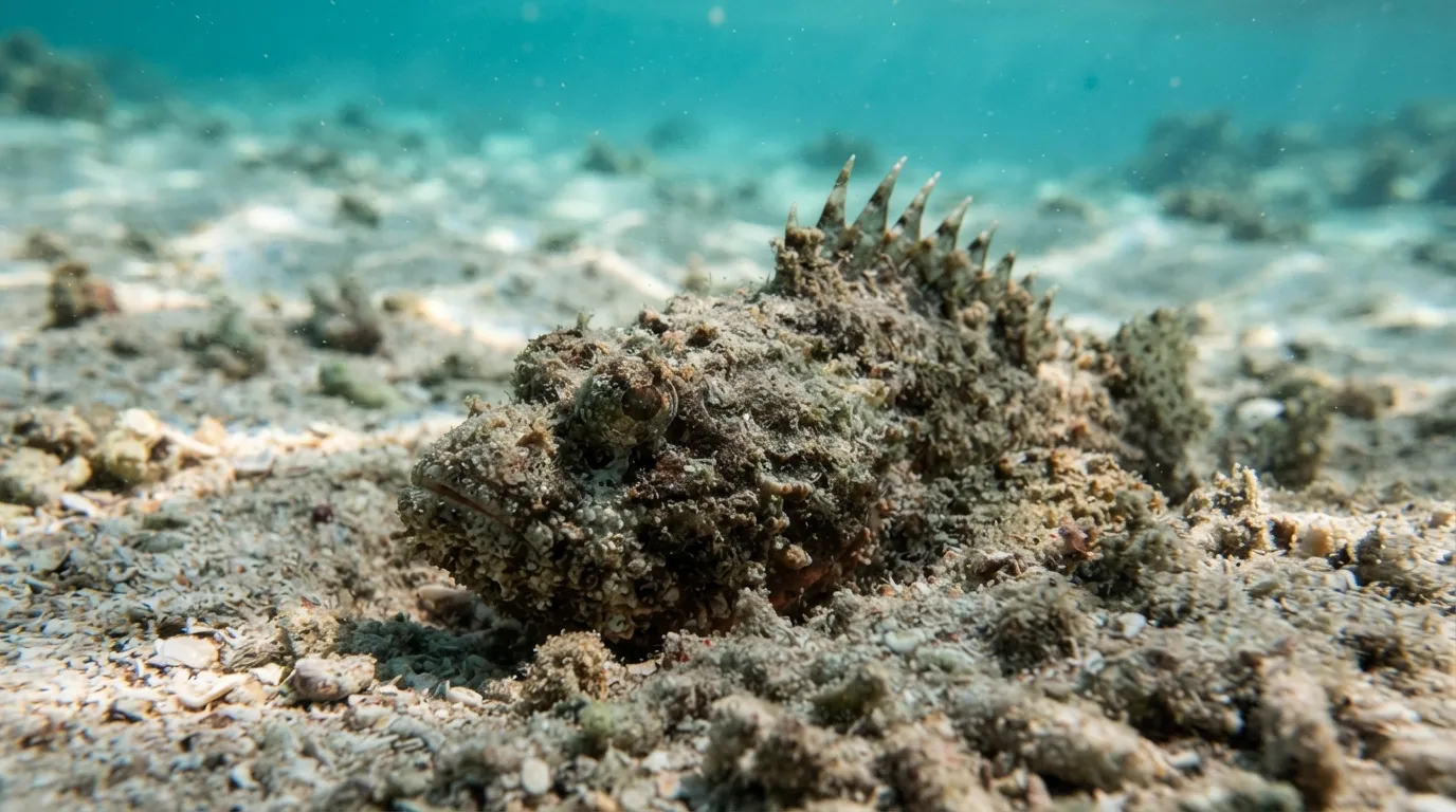 Une vive à demi enfouie dans le sable au fond de l'eau peu profonde, seule la tête et les épines dorsales visibles