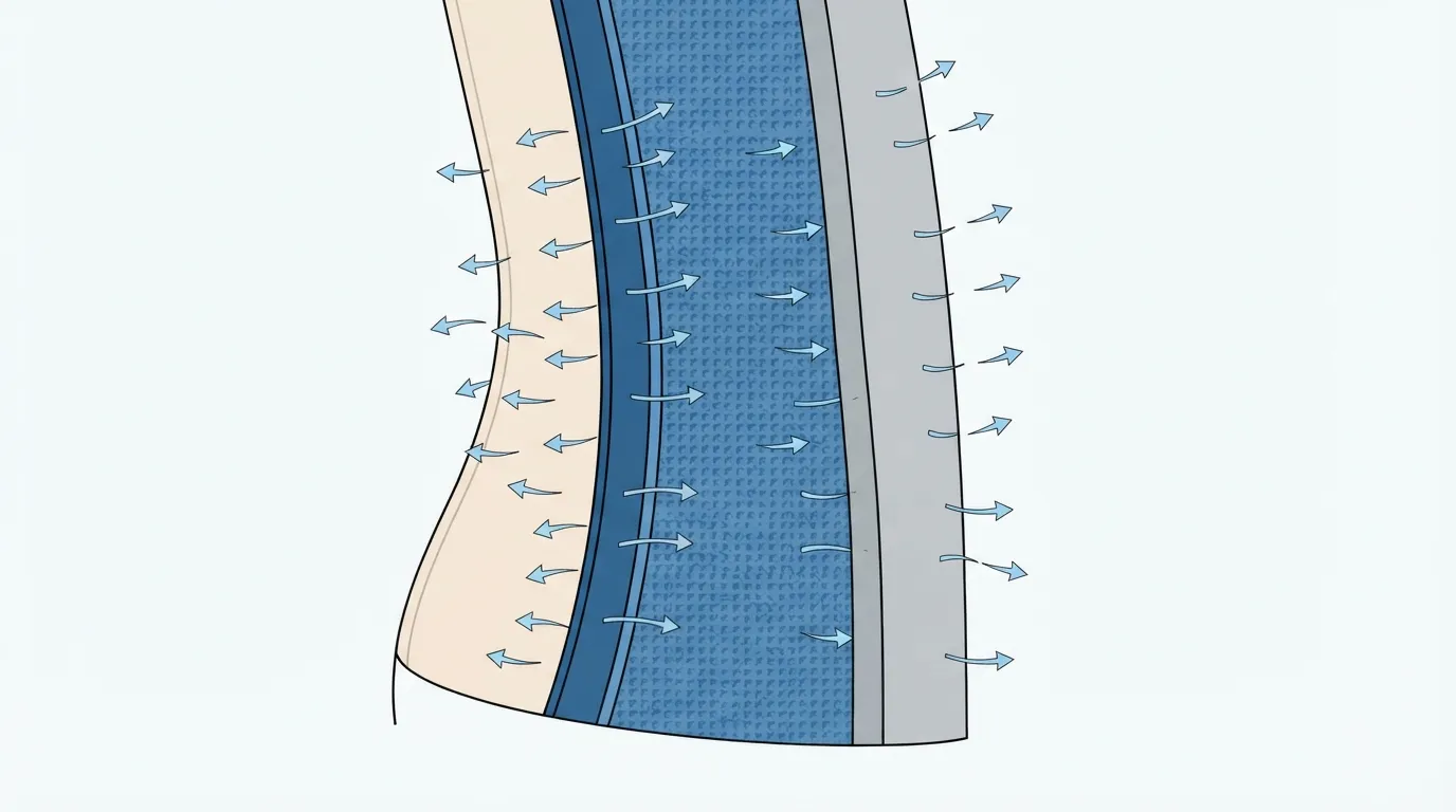 Trois couches de vêtements superposées en coupe : base moulante contre la peau, couche intermédiaire épaisse et aérée, couche externe fine et lisse