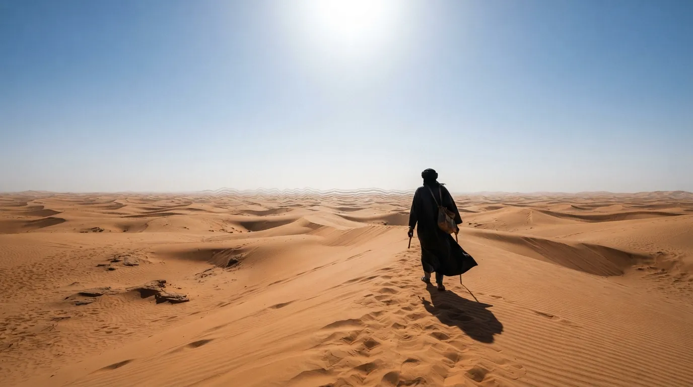 Une silhouette en robe ample et sombre traversant une étendue désertique, sous un soleil de plomb