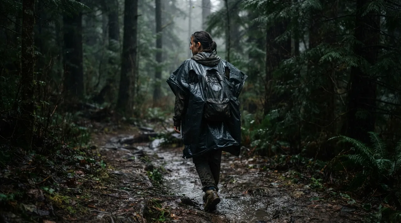 Un sac poubelle percé de trous pour la tête et les bras, porté comme un poncho de fortune sous la pluie