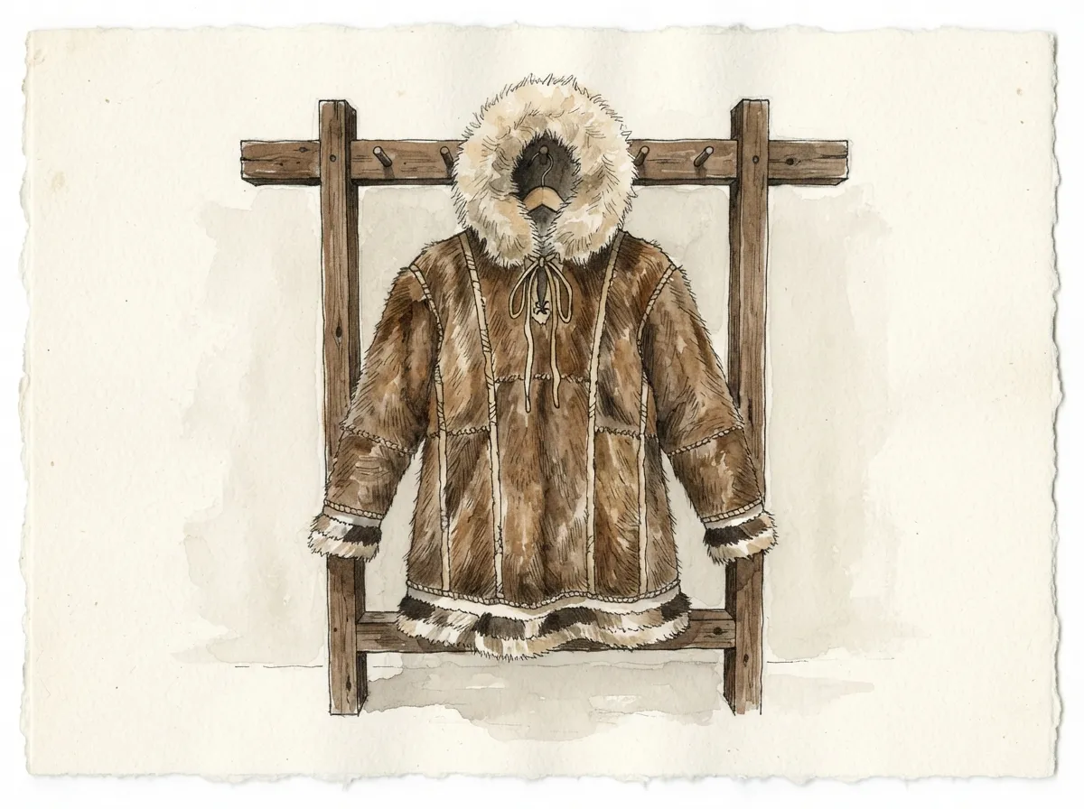 Une parka traditionnelle inuit en fourrure de caribou, capuche bordée de fourrure, posée sur un présentoir