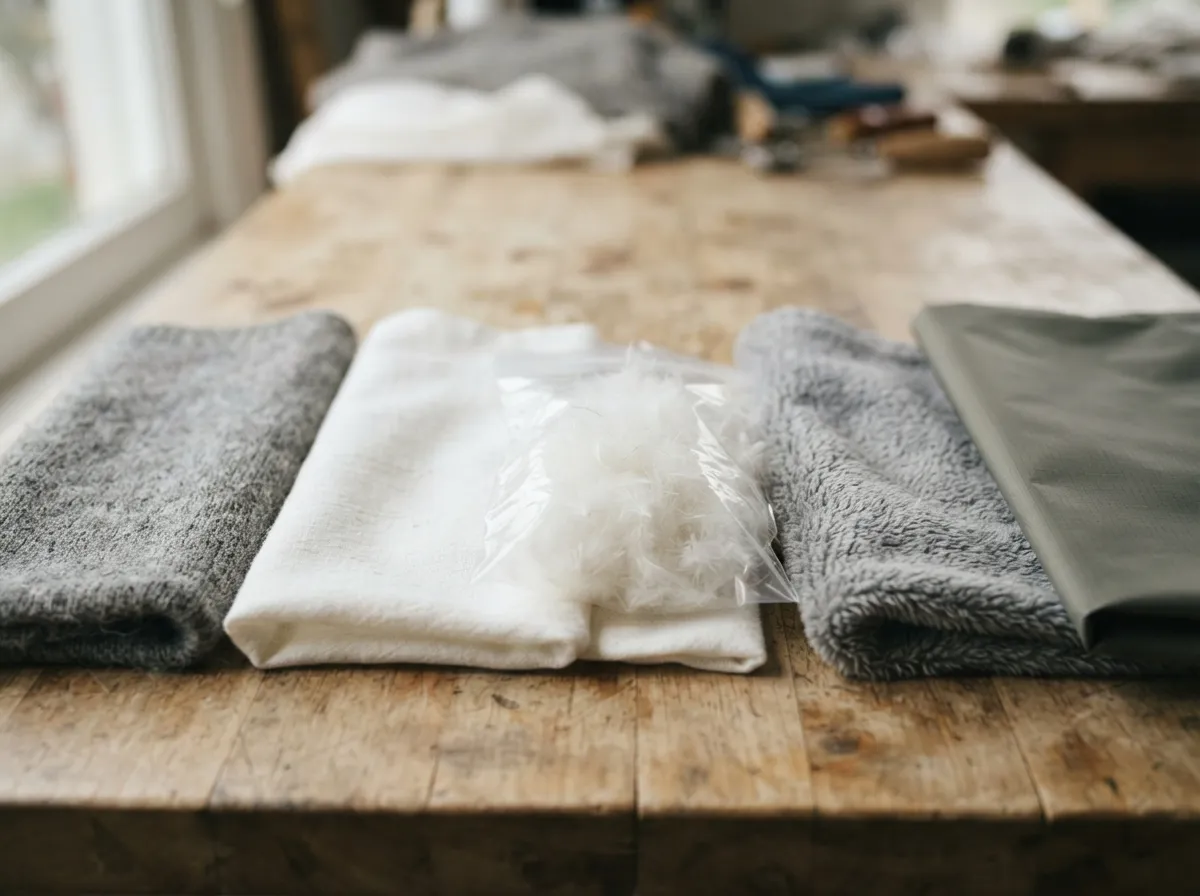 Échantillons de tissus disposés côte à côte : laine mérinos, coton, duvet, polaire synthétique, membrane imperméable-respirante