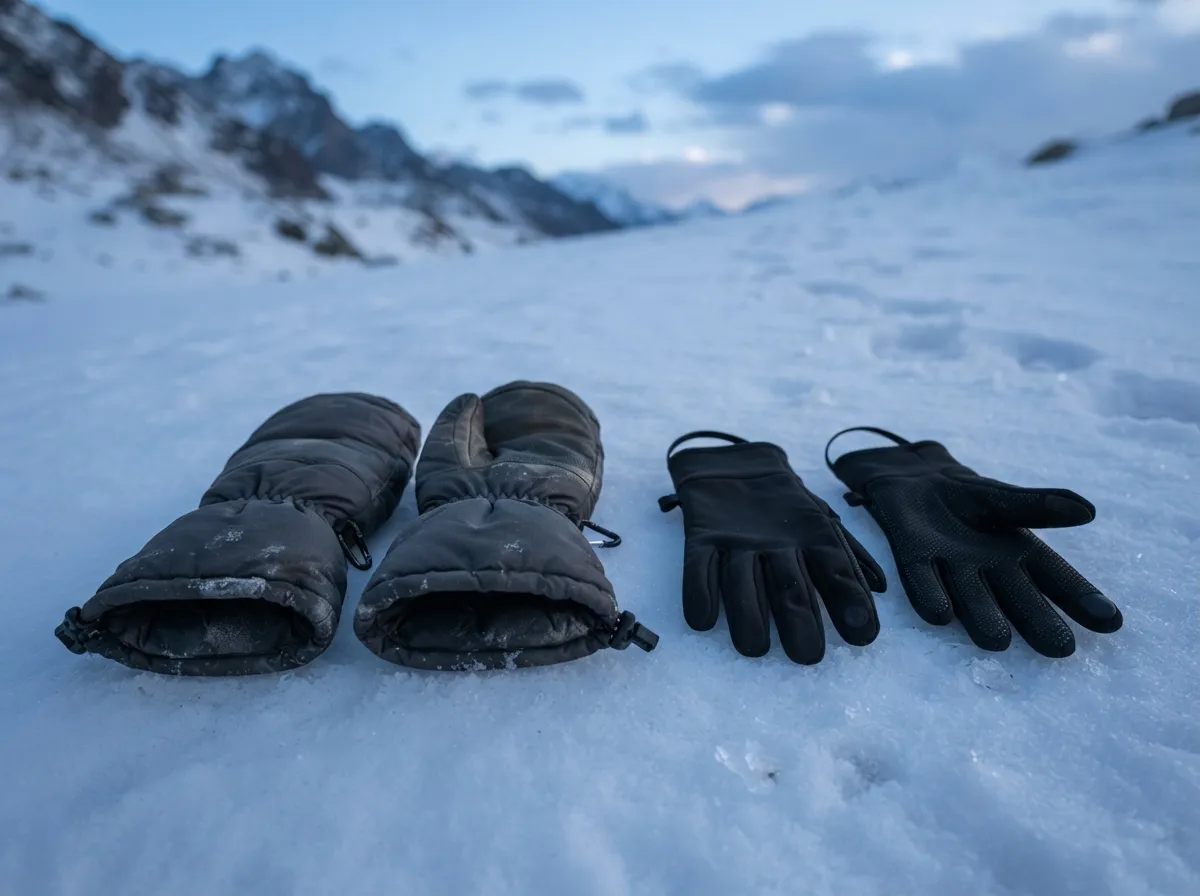 Une paire de moufles épaisses posée à côté d'une paire de gants fins, sur la neige