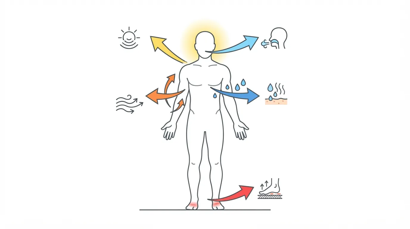 Silhouette humaine avec des flèches indiquant les cinq voies de perte de chaleur : conduction au sol, convection par le vent, rayonnement autour du corps, évaporation de la sueur, respiration au niveau du visage